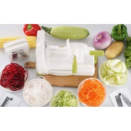 Cortador y Rallador de Verduras tipo Espiralizador con 3 Cuchillas de Acero Inoxidable, Diseño horizontal, Base Antideslizante, Fácil de Utilizar, Libre de BPA Ideal para Pastas Ensaladas y Más..