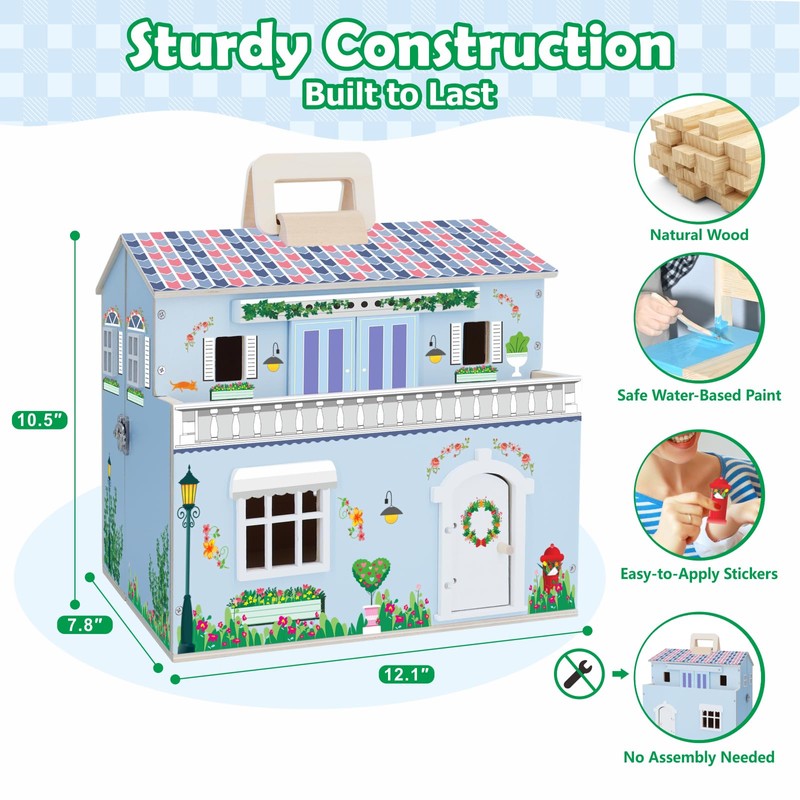 SIMPLIPLAY Wooden Dollhouse, DIY Portable Pretend Play Doll House Set