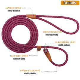 Hoanan Slip Lead Pet Training Leash, Reflective No Pull Choke Leash, 1/4 in x 7 ft Slip Leash for Small Medium Breeds, Wine red