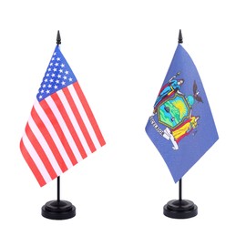 WXTWK 2 Pack USA New York Flag New York State Desk Flag Set - Mini Small New York Table Office Flags with Black 12" Solid Pole Stand Base Classroom Meeting Desktop Decorations