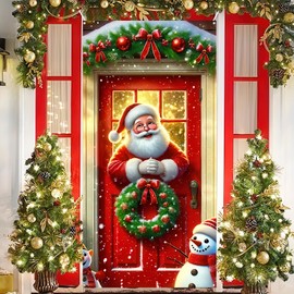 BlissYard Santa Claus Door Cover Christmas Door Cover Decorations 35 X 71 Inch Santa Claus Christmas Door Banner for Holiday Decorations Door Cover Backdrop Party Supplies（Banner, Not a Real Wreath）