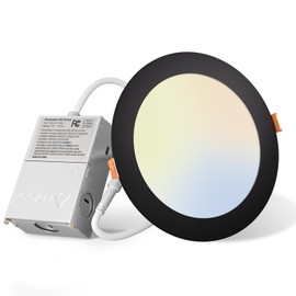 Amico 1 Pack 6 Inch 5CCT Ultra-Thin LED Recessed Ceiling Light with J-Box, 2700K/3000K/3500K/4000K/5000K Selectable, 12W Eqv 110W, Dimmable Canless Downlight, 1050LM High Brightness, Black - ETL