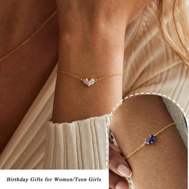 Birthstone Bracelets for Women, Dainty Gold Bracelet with Birthstone Birthday Gifts for Her Stocking Stuffers for Teens 14k Plated Adjustable Link Bracelet Anniversary Christmas Jewelry, Adjustable,