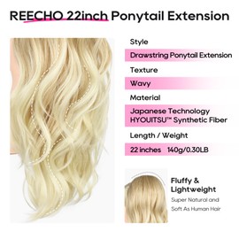 REECHO Ponytail Extension, Drawstring Ponytail Extension Long Wavy Layered Pony Tails Hair Extensions 22inch Natural Fake Ponytail Clip in Synthetic Hairpiece for Women, Golden Blonde and Beach Blonde