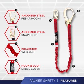 Palmer Safety Fall Protection L122133 Single Leg 6’ Safety Lanyard (Internal Shock Absorber) w/Rebar Hooks I OSHA ANSI Fall Arrest Restraint Lanyard Scaffolding Arborist Roofing Equipment