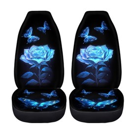 WUYOJUXA Romantic Rose Car Seat Cover Set for Front Only 2 Pieces Universal Saddle Blanket Seat Covers Blue Vintage Rose Print Auto Front Cushion for Women Auto Interior Accessories Decor
