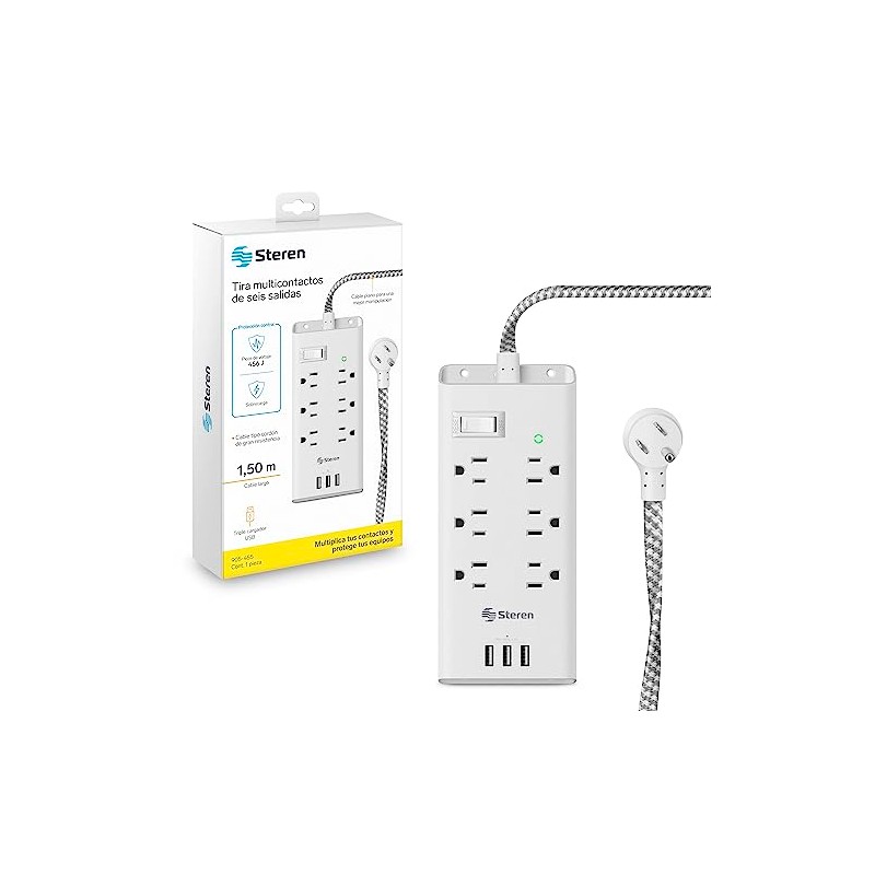 STEREN Multicontacto de 6 Salidas horizontales y Triple Cargador USB