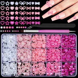 Sinyanail 3D Resin Nail Charms Mix Rabbit Flower Bear Bowknot Nail Charms Gummy Star Heart Lollipop Acrylic Hollow Heart Beads with Nail Charm Glue and Pickup Tools (8-Kit 2)