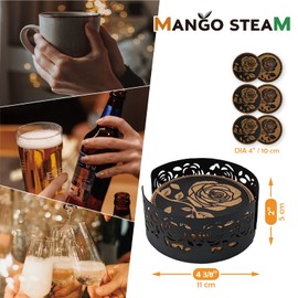 Mango Steam Set of Six Rose Decorative Coasters for Drinks & Mugs with Metal Holder, Black