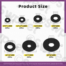 Swpeet 175Pcs 7 Sizes Flat Rubber Washers Assortment Kit, Heavy Duty Black Rubber Vibration Damping Pads, Gasket Kit for Appliances Faucets Screws Bolts