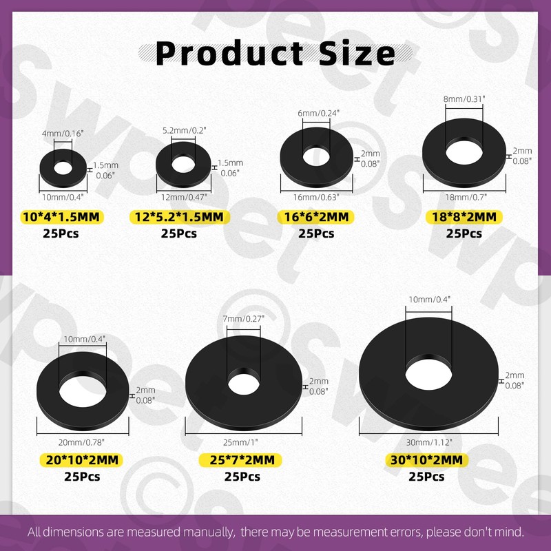 Swpeet 175Pcs 7 Sizes Flat Rubber Washers Assortment Kit, Heavy