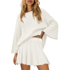 SENSERISE Womens Sweater Skirt Set 2 Piece Outfits Long Sleeve Pullover Top Ribbed Knit Lounge Dresses(Cream White,XS)