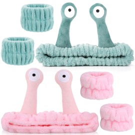 Grevosea 2 Set Face Wash Headband, Snail Spa Headband and Wrist Bands for Washing Face, Cute Animal Skincare Head Band Soft Coral Fleece Makeup Elastic Wash for Washing Shower Beauty Skincare