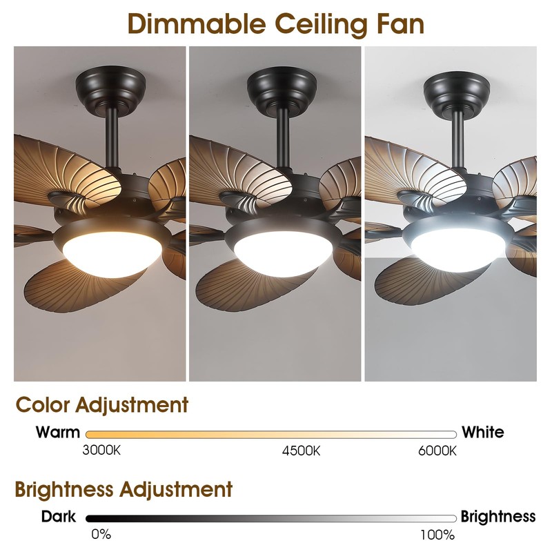 Tropical Ceiling Fans with Lights, 44 Inch Palm Leaf Outdoor