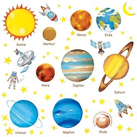 DECOWALL DW-1307DE Solar System Planets Wall Sticker Space Wall Sticker Space Wall Sticker Wall Decoration for Bedroom Children's Room Baby Room (Intermediate) (German Version)