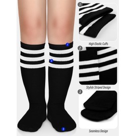 Hryrbay 2 Pairs Kids Soccer Socks Toddler Girls Knee High Socks Uniform Sock Three Stripes for Boys Girls (Black,White,9-12 Years)