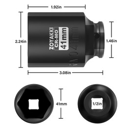ZOYAKKI 1/2" Drive x 41 mm Deep 6 PT Impact Socket, CR-MO,1/2-inch Drive 6 Point Axle Nut Socket for Easy Removal of Axle Shaft Nuts (Metric 41MM)