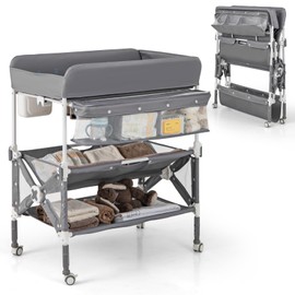 HONEY JOY Changing Table, Foldable Baby Mobile Nursery Organizer w/Wheels, Adjustable Heights, Storage Bag & Shelves, Waterproof Diaper Changing Station Dresser, Portable for Newborn Infant (Gray)