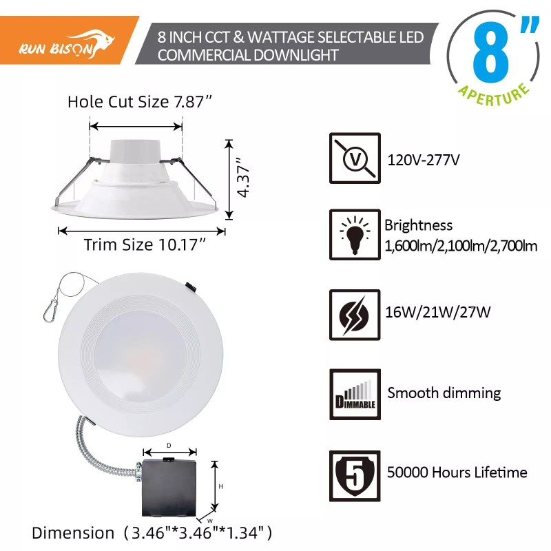 Run Bison 8 Inch Recessed LED Commercial Downlight with J-Box,