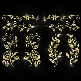 ANATTASOUL Gold Rhinestone Iron on Transfer Golden Flower Border Bling Diamond Hotfix Patches for Clothes, 11.6"x8.2" Large Iron On Sequin Applique for Jeans Jacket Caps Bag T-Shirts Shoes DIY Decor