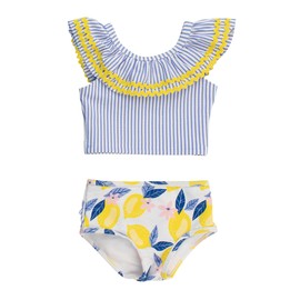 RuffleButts Baby/Toddler Girls UPF50+ Ruffle Tankini 2-Piece Swimsuit - Lemon Capri, 18-24m