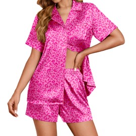 Ekouaer Womens Satin Silk Pajamas Set Short Sleeve Sleepwear Button Down Top and Shorts Loungewear 2 Piece Pjs Set S-XXL Rose Red Leopard X-Large