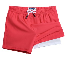 maamgic Boys Swim Trunks with Compression Liner 4-Way Stretch Quick Dry Swim Shorts Swimming Trunks Toddler Boy Hot Coral White 4T