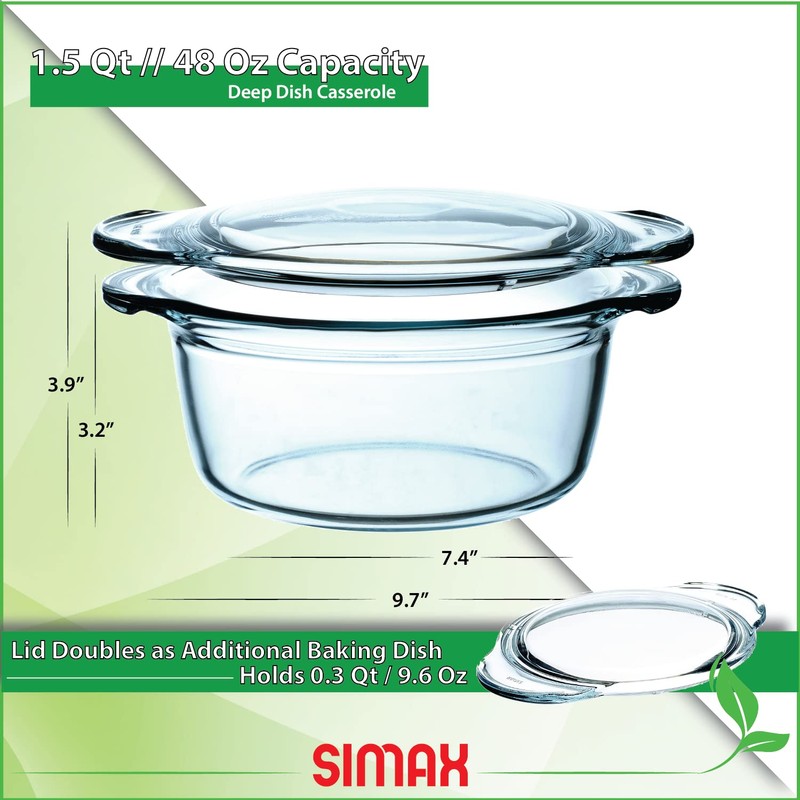 Simax Casserole Dish with Lid, Glass Casserole Dish, Holds 48