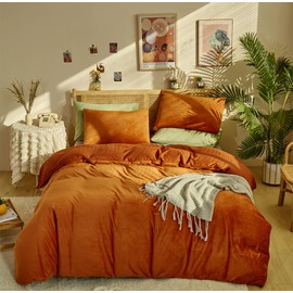 KAREVER Burnt Orange Color Velvet Comforter Set Twin Solid Rust Color Flannel Velvet Bedding Comforter Set All Caramel Colour 3 PCs Shaggy Soft Warm and Durable Flannel Blanket Twin