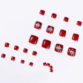 Red Artificial Acrylic Fake Nails for Toe, Press on Toenails Coffin with Rhinestone Designs, Full Cover Reusable False Toenails with Glue, Glue on Toe nails with Charm for Women Girls（JP1057）