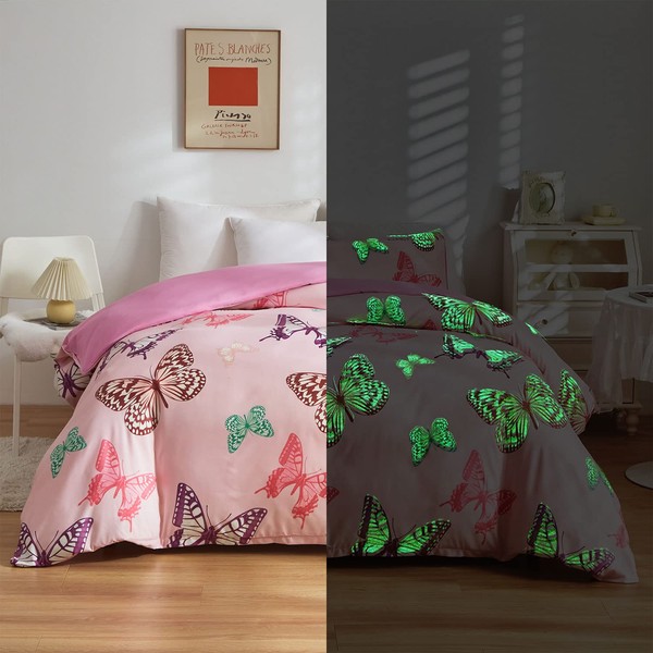 Butterfly Glow in The Dark Duvet Cover Boys Kids Butterfly Bedding Set Girls Teens Bedroom Glow Decor Comforter Cover Kawaii Animal Butterfly Bedding Collections with 2 Pillowcases, Queen Size