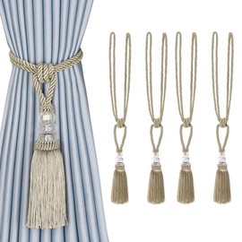 BEL AVENIR - Paquete de 4 alzapaños de cortina tejidos a mano con cristales decorativos para el hogar (beige oscuro, paquete de 4)