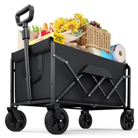 Ksend Medium Collapsible Wagon with Wheels, Foldable Carts with 220lbs Load Capacity, Dog Wagon, Utility Shopping Cart for Groceries, Sports, Camping, Garden, Fishing, Black