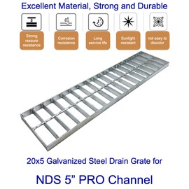 DuuMuut Galvanized Steel Drain Grate 20x5 for NDS 5” PRO Channel, 2 PC Outdoor Drain Cover, B Class Replacement Sewer Grate Durable Heavy Duty, Sliver Rectangle Drainage Grate for Driveway, Concrete