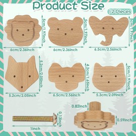 Qunclay, Pomelli decorativi in legno a forma di animale per cassettiera, con viti, per cassettiera, maniglie per la cameretta dei bambini, decorazione per mobili per la casa, carini, set da 12