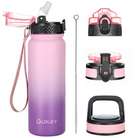 Oldley Insulated Water Bottle 20oz Water Bottles with Straw, Stainless Steel Water Bottle with 3 Lids, Double Wall Vacuum Bottles for Adult Kids, Sports Bottles for School Travel, Ombre Pink-Purple