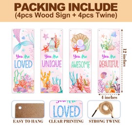 4pcs Mermaid Wall Decor, Mermaid Bedroom Decor, Under The Sea Wall Art For Girls Room, You Are Loved You Are Unique Wood Hanging Sign For Girls Room Bedroom Nursery Playroom Bathroom Decor, 08