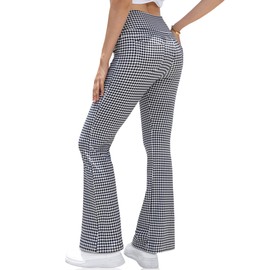 VOOVEEYA Women's Bootcut Leggings - Bootleg Yoga Pants Flare with 4 Pockets,Tummy Control High Waisted Casual Dress Pants（Bootcut-Mini Plaid-Black-M）