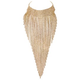 Flyonce Rhinestone Crystal Statement Necklace for Women, Tassel Bib Choker Collar Chunky Costume Jewelry for Party Prom Clear Gold-Tone Clothing Accessories