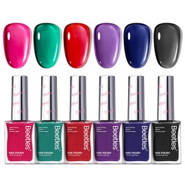 Beetles Nail Polish Set, 6 Colors Jelly Nail Polish Kit Pink Red Black Blue Green Purple Sheer Jelly Quick Dry Fingernail Polish Enchanted Night Gifts for Women Salon DIY Manicure Kit
