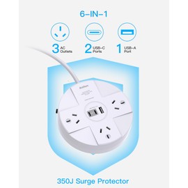 Addtam Power Board, Power Strip 3 AC Outlets and 3 USB(2 USB C and 1 USB A), 350J Surge Protection Powerboard, Desktop Charging Station with 1.2M Extension Cord for Travel, Home, Office Accessories