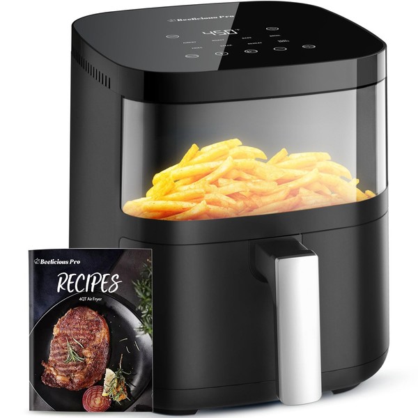 Air Fryer,Beelicious® 8-in-1 Smart Compact 4QT Air Fryers,with Viewing Window,Shake Reminder,450°F Digital Airfryer with Flavor-Lock Tech,Dishwasher-Safe & Nonstick,Fit for 2-4 People,Black