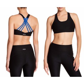 Warrior by Danica Patrick Strappy Back Sports Bra in Onyx/ Riviera Blue, L