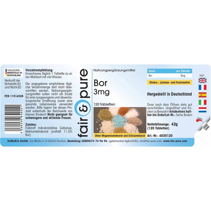 Boron 3mg (boron) as sodium tetraborate, vegan, trace element, without