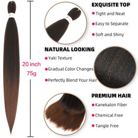 Xusuperb Short Pre Stretched Braiding Hair 20 Inch Ombre Easy Braids Extensions Black Brown Kanekalon Synthetic Hair for Braiding 6 Packs Soft Knotless Yaki Texture Braids Hair Extensions (T1B/30#)