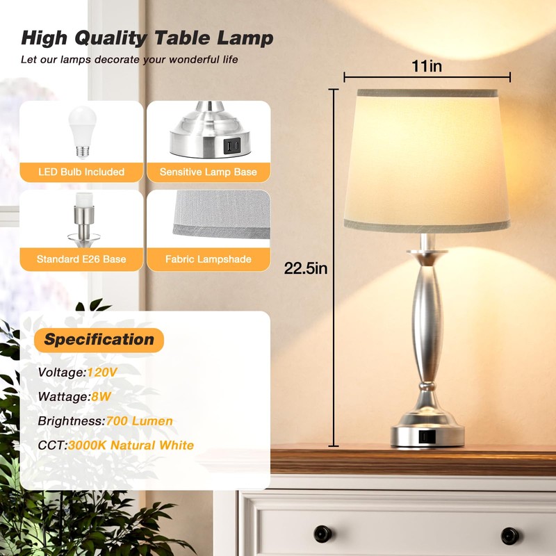 Bedrooms Touch Control Bedside Lamp with USB C+A, 3 Way