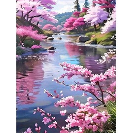 Semneroy Cherry Blossoms Landscape Diamond Painting Art Kits for Adult Beginners,River Flower Diamond Art Kits,Full Drill Paint with Diamond Dot Gem Art Painting for Home Decor 12x16 inch