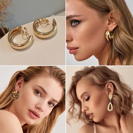 MEDOJO 12 Pairs Gold Clip On Earrings for Women 18K Gold Plated Clip on Hoop Earrings Twist Chunky Hoop Earrings Non-Pierced Drop Earring Set