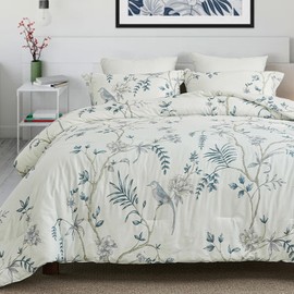 Finlonte Queen Comforter Set, Floral Birds Comforter Queen Size, 100% Cotton Fluffy Cooling Comforter Bed Set, Vintage Vine Lightweight Quilted Comforter All Season, White/Blue, 90"x90"