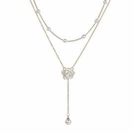 MOTIBACK Gold Layered Necklace,Rose Tassel Pendant with Long Chain, Adjustable Double Layer Jewelry Gift for Women Girls